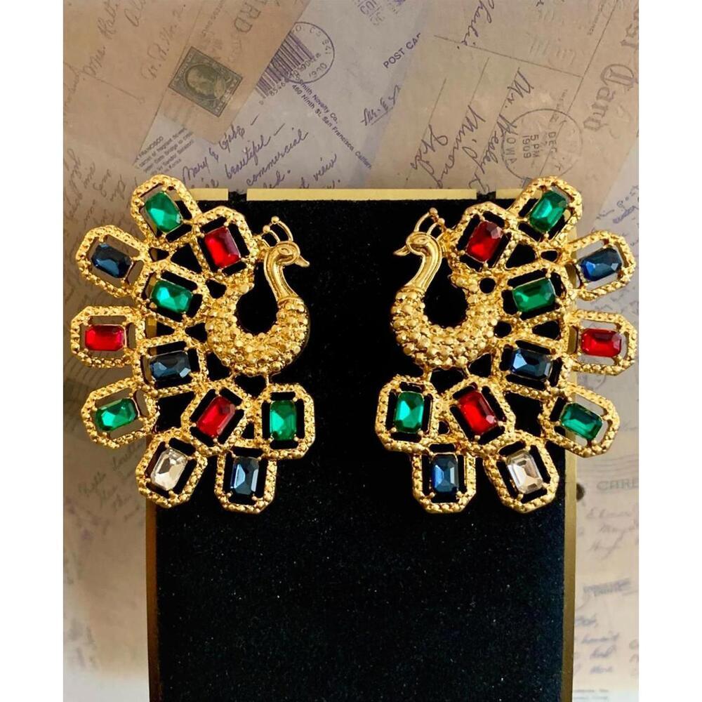 Beautiful majestic Jeweled Peacock Earrings - Multi-Color Rhinestone Jewelry